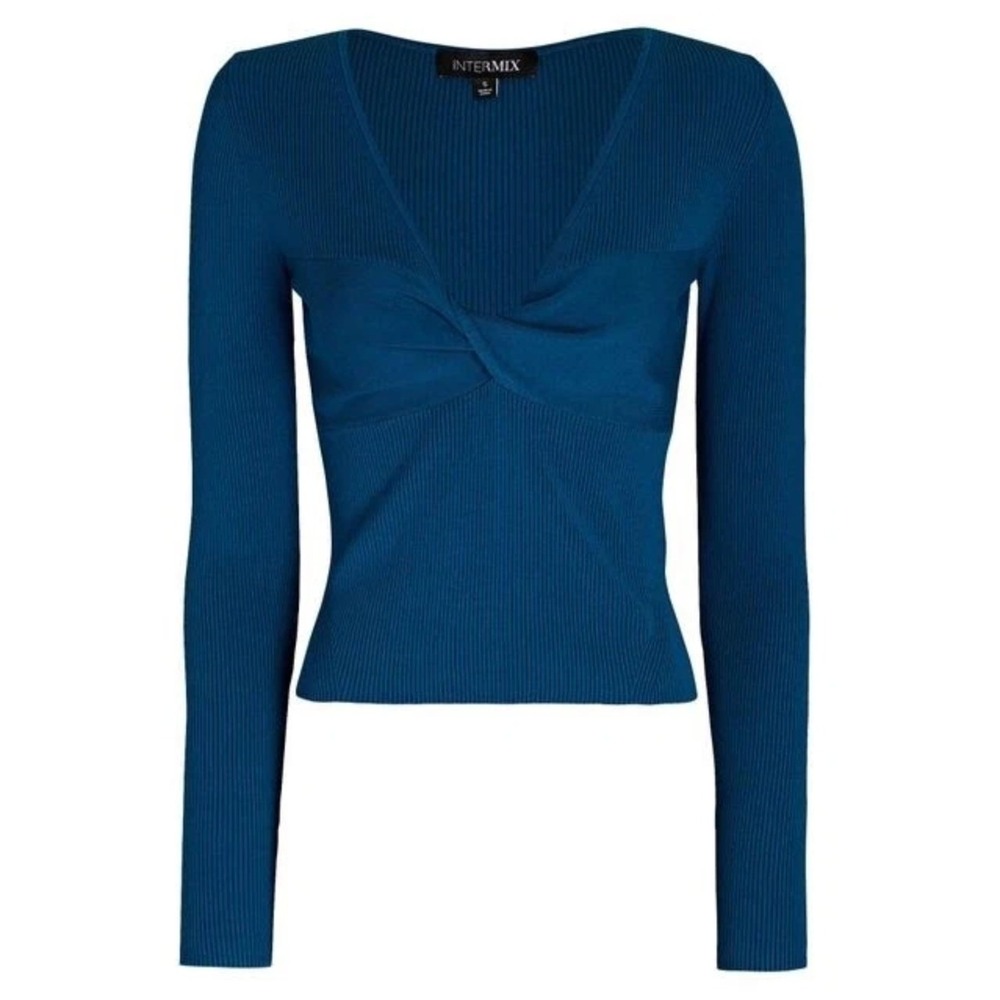 INTERMIX Women's Molly V-Neck Rib Knit Top Blue Womens S Minimalist Casual EUC